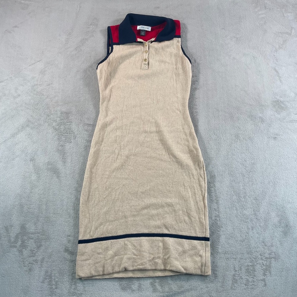 St John Sport Santana Knit Dress Women 2 Beige Latte Sheath Collar Gold Buttons